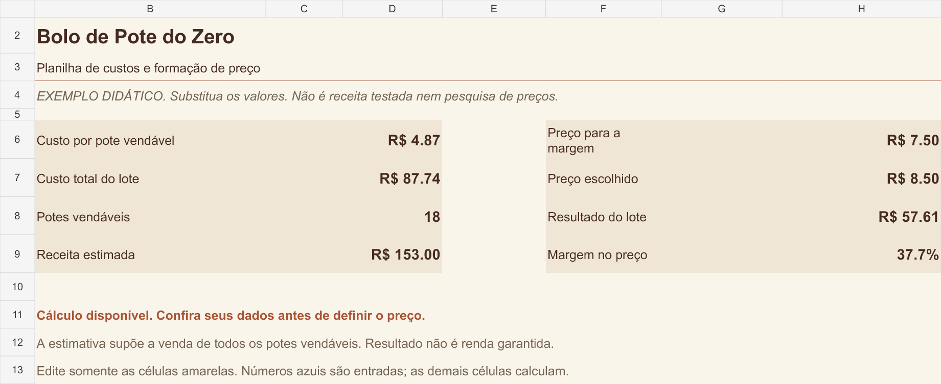 Prévia real da planilha de custos e preços com dados didáticos preenchidos