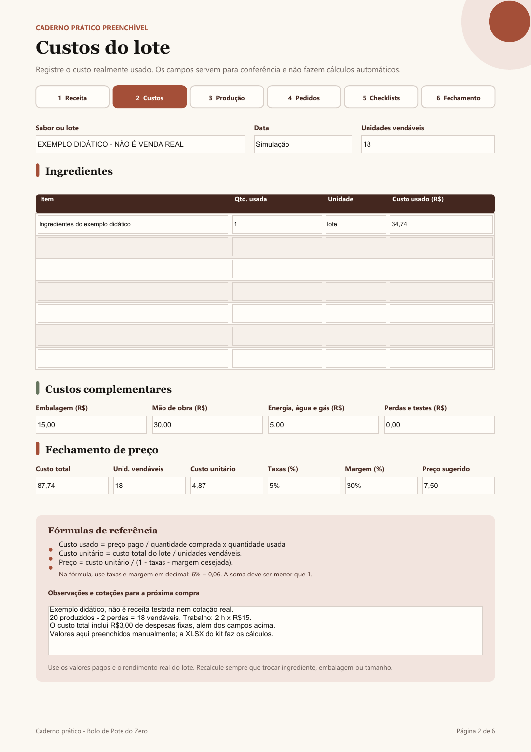 Ficha real do caderno preenchida com um exemplo didático de custos
